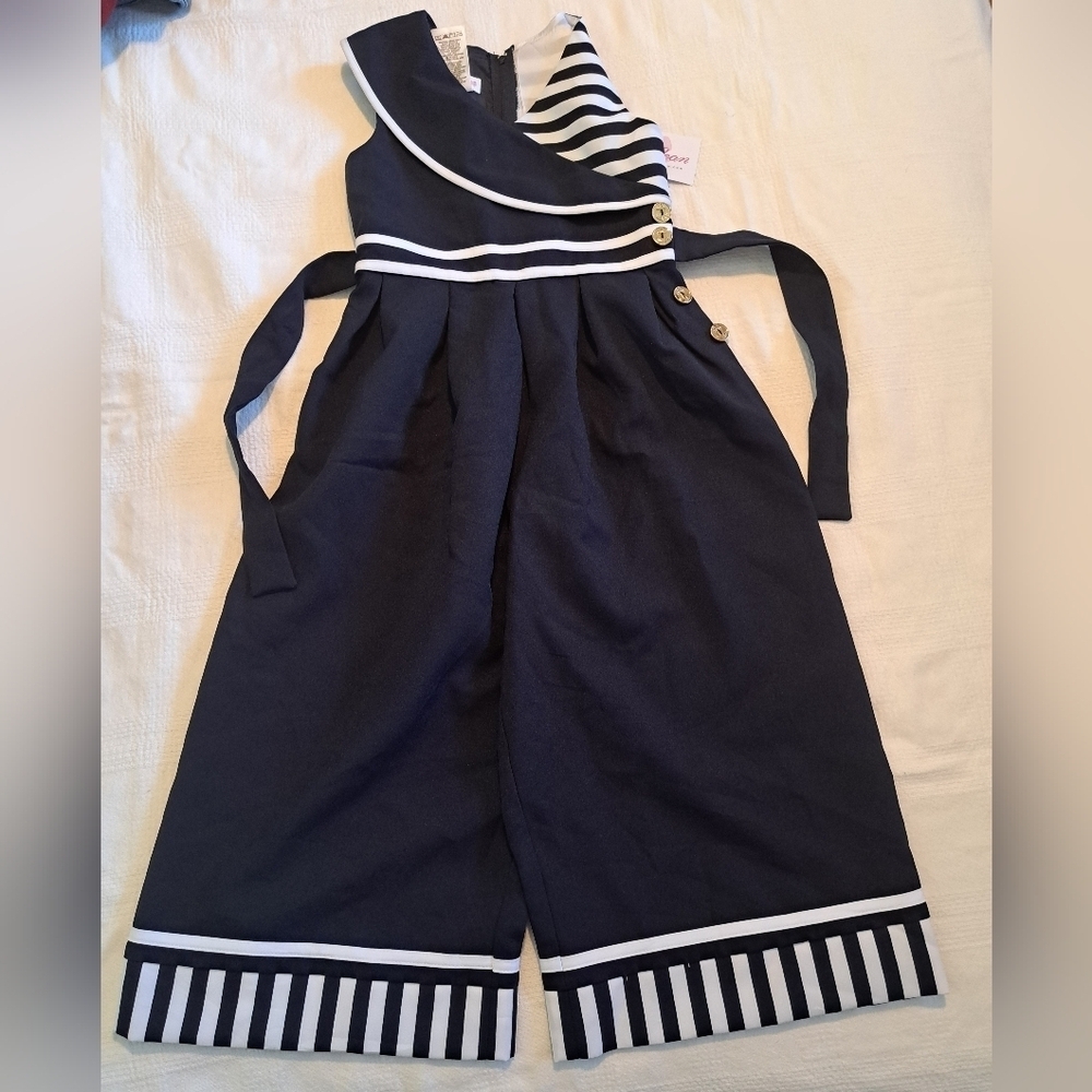 Bonnie Jean girls size 7 blue & white jumpsuit wide leg cropped, New